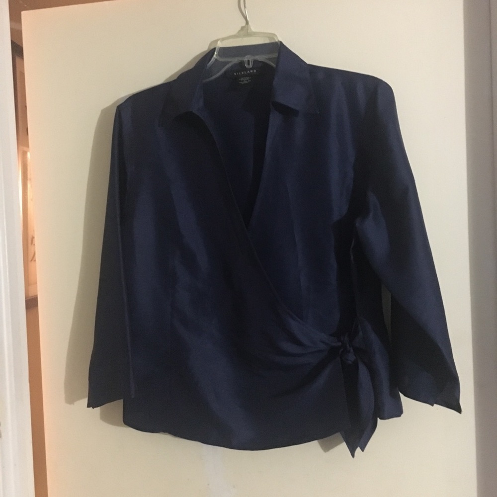 Silkland Blue 100% Silk Wrap Blouse Size Large